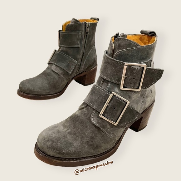 $399 Frye Sabrina Double Buckle Academia Grey Suede Leather Block Heel AnkleBoot - Picture 10 of 16